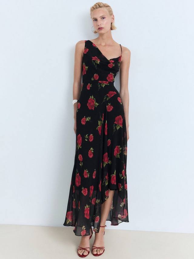 

Асимметричное платье Rosa с принтом роз Mango, Black