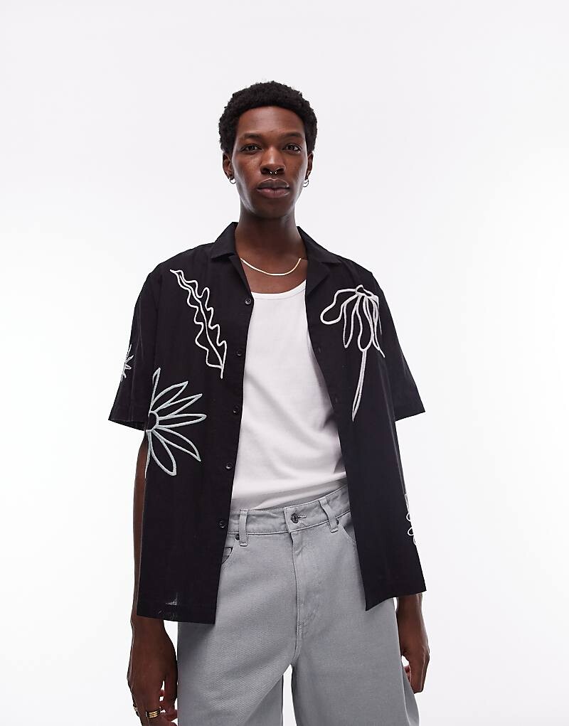 

Topman – Черная рубашка с коротким рукавом и вышитым цветочным узором