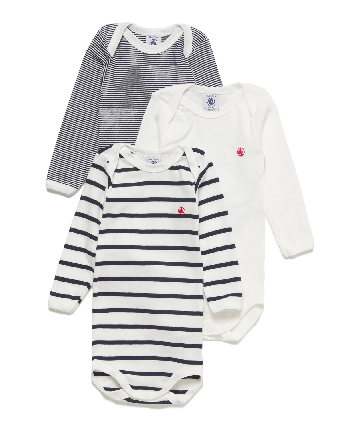 Комплект боди с длинным рукавом 3 шт., Petit Bateau, органический хлопок, белый/бордюр