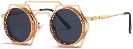 

Круглые солнцезащитные очки в стиле стимпанк для женщин и мужчин, с металлической сеткой, с индивидуальным дизайном, женские очки-маска с защитой от УФ-излучения UV400 MTZJH, Gold-black