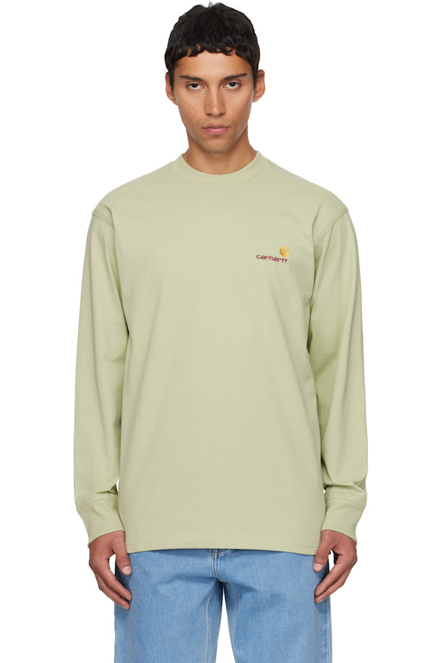 

Carhartt Work In Progress Зеленая футболка с длинными рукавами и надписью в американском стиле