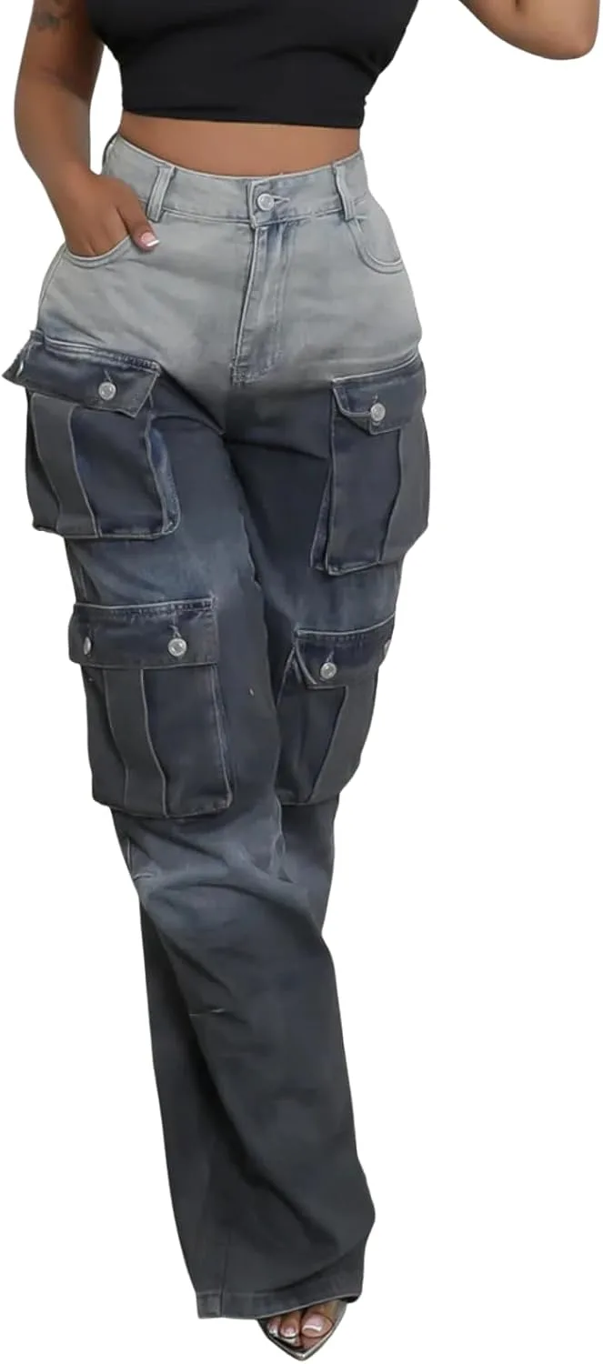 

Женские джинсы-карго с высокой талией и широкими штанинами в стиле Y2K Bibabiba