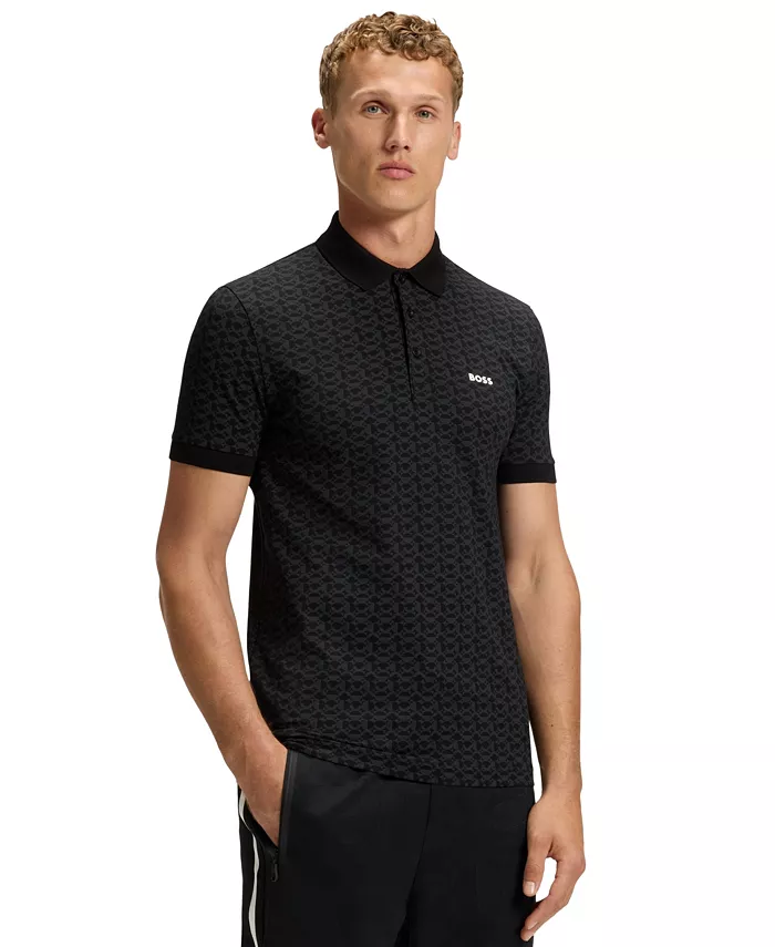 

Мужская хлопковая поло Paddy с принтом и эластичной тканью Hugo Boss, черный