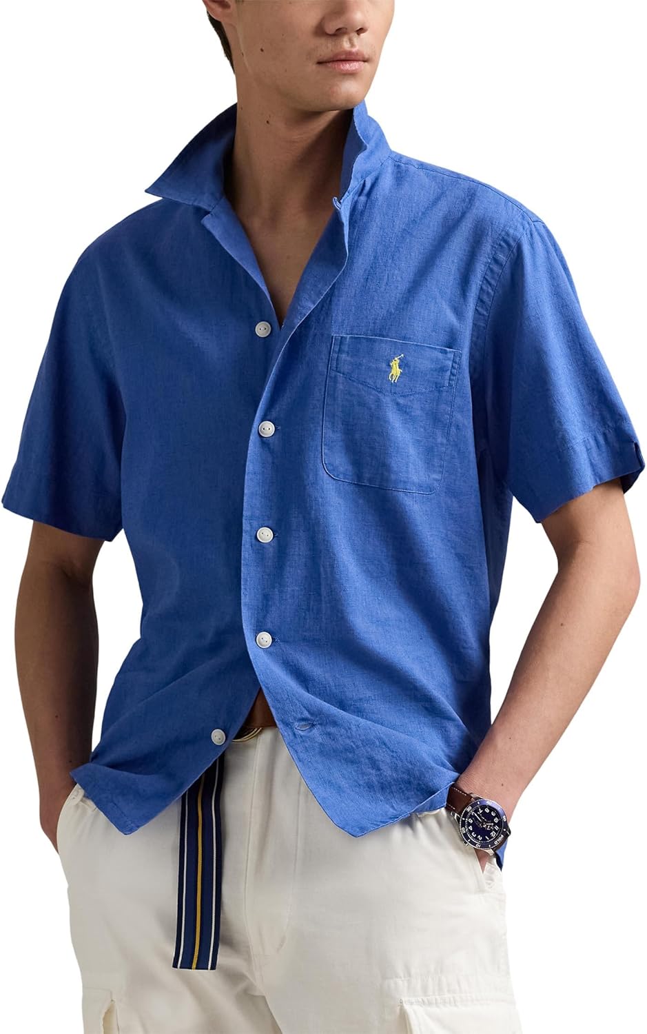 

POLO RALPH LAUREN Мужская классическая рубашка Camp из льна и хлопка, Bai Blue