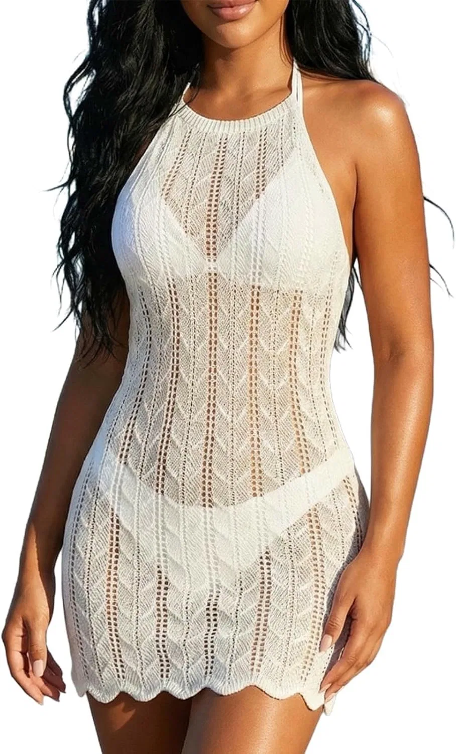Купальник-накидка для женщин 2026 Sexy Mesh Knit, летнее платье-майка для отпуска, милое пляжное покрытие для бикини Generic, белый