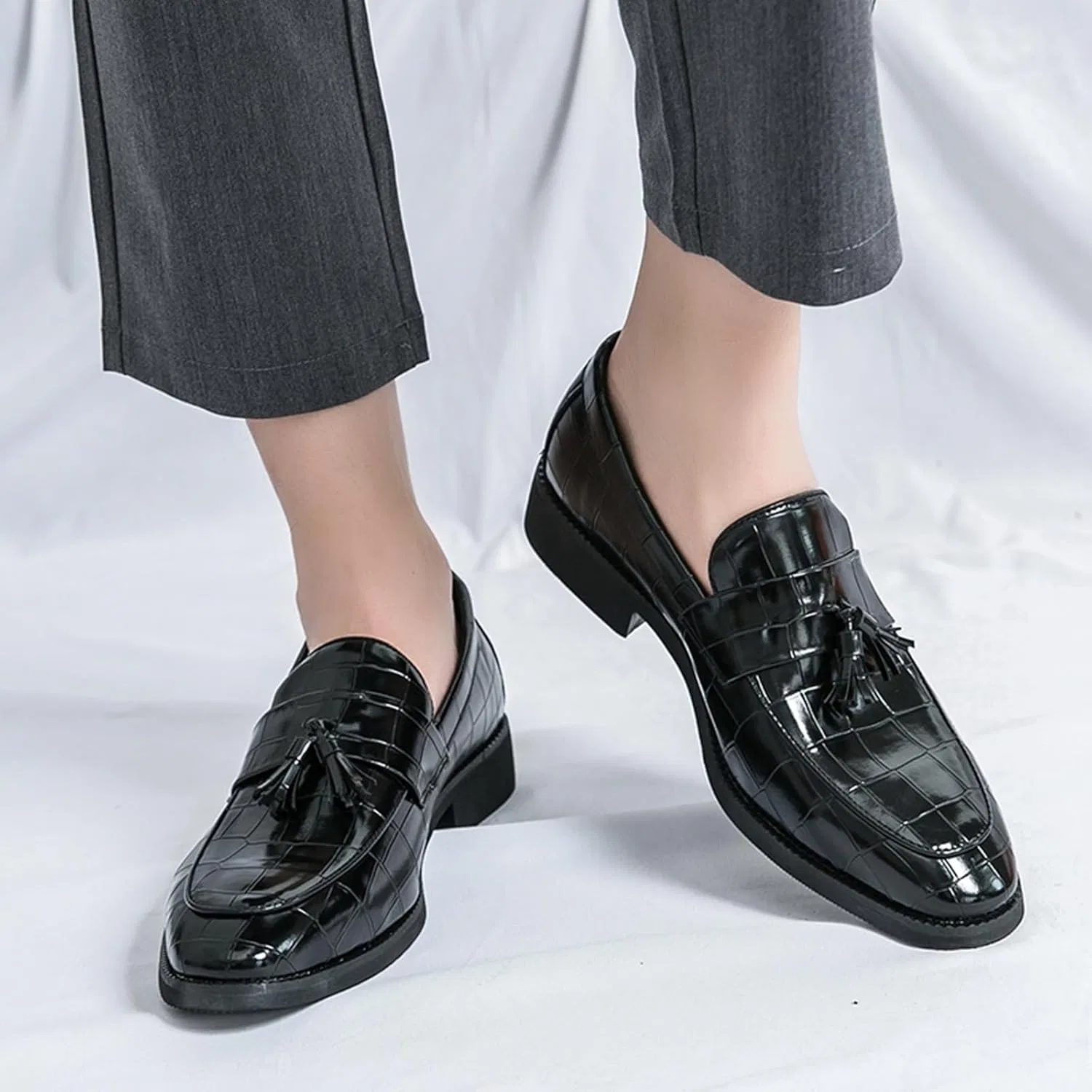 Мокасины мужские Minishion Minishion Mens Slip on Dress Shoes with Tassel Casual Penny Loafers Moccasins, черный — фото 2