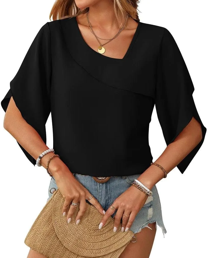 

Женская блузка с V-образным вырезом и короткими рукавами, свободного кроя из шифона FMCHICO