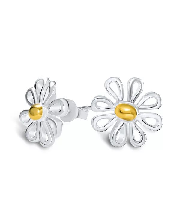 

Серьги-Гвоздики с подвесками в виде двухцветного цветка подсолнечника и ромашки, покрытые желтым золотом и стерлинговым серебром. Bling Jewelry, two-tone