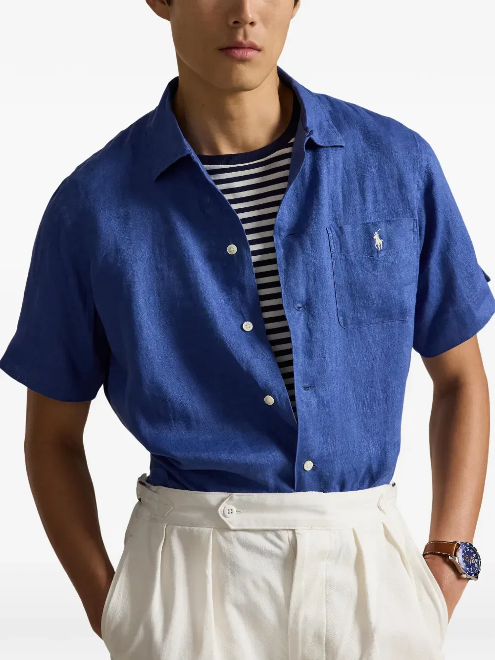 Вышитая льняная рубашка с карманом Polo Ralph Lauren, синий — фото 3