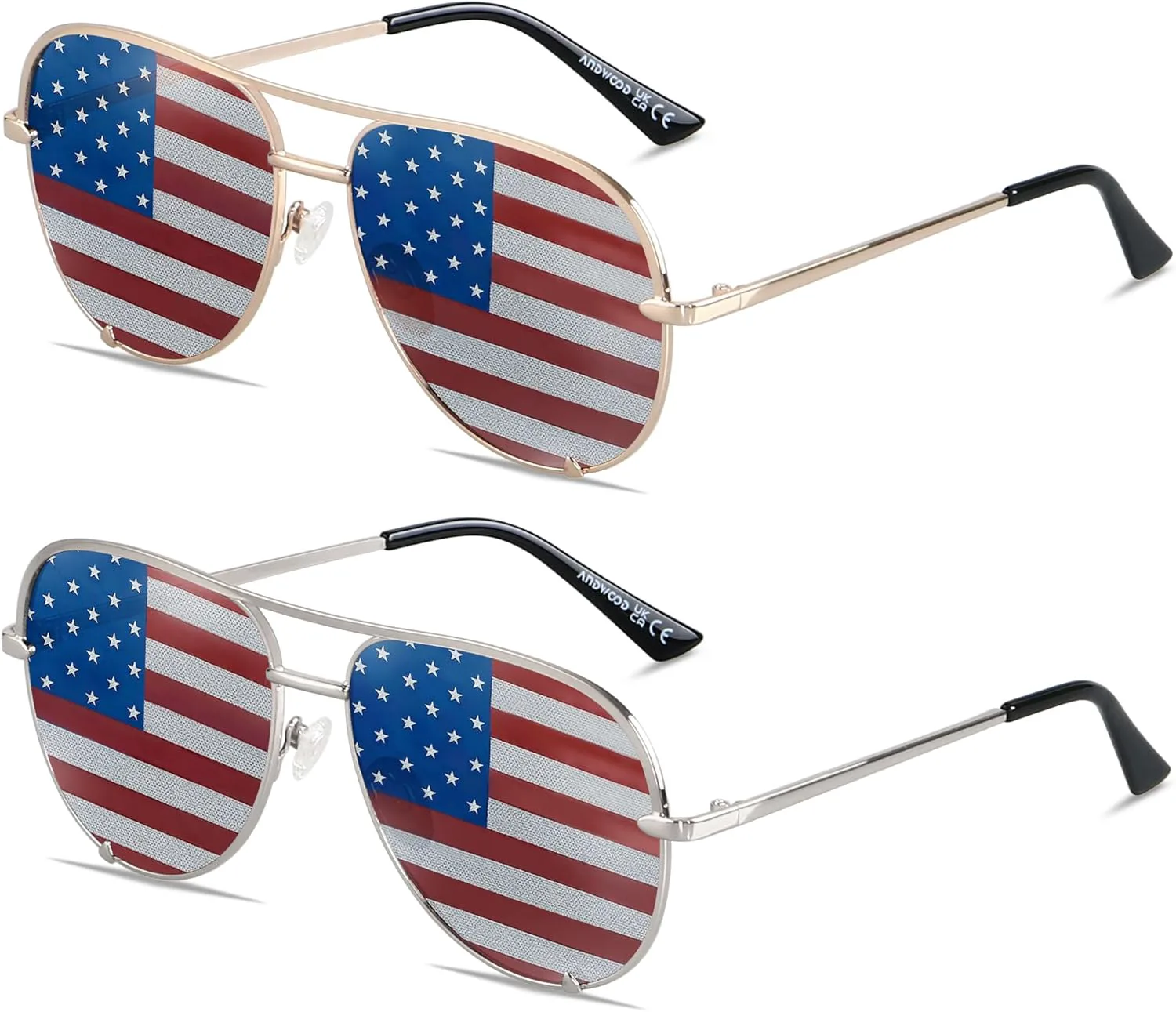 

Солнцезащитные очки-авиаторы ANDWOOD большого размера для женщин и мужчин, с защитой от УФ-излучения, модные солнцезащитные очки, (2pack) Gold + Silver | Flag Lens