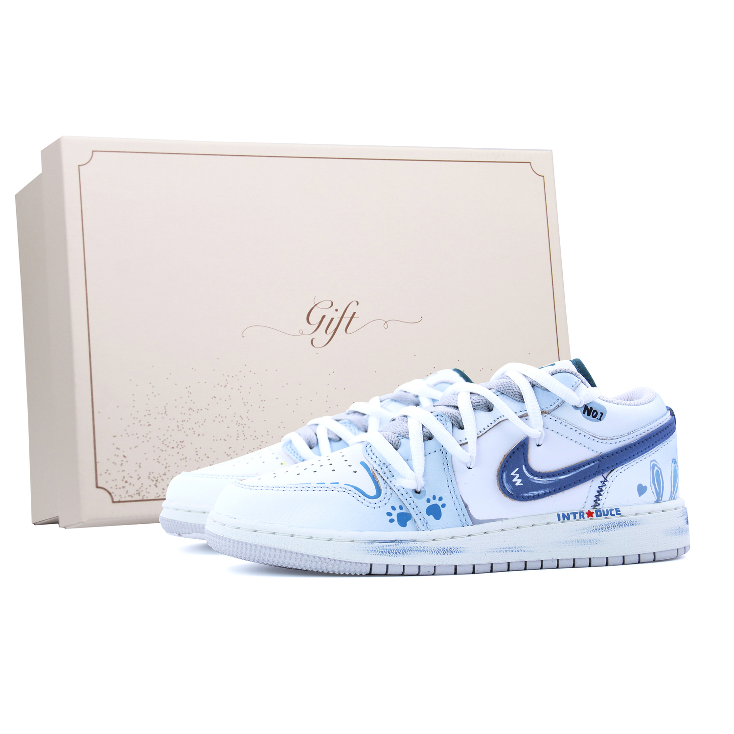 

Jordan Детские баскетбольные кроссовки Air 1 Box, Blue Rabbit Hunt, кожаные, нескользящие и износостойкие, низкие