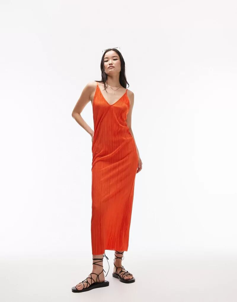

Оранжевое плиссированное платье миди с бретельками Topshop