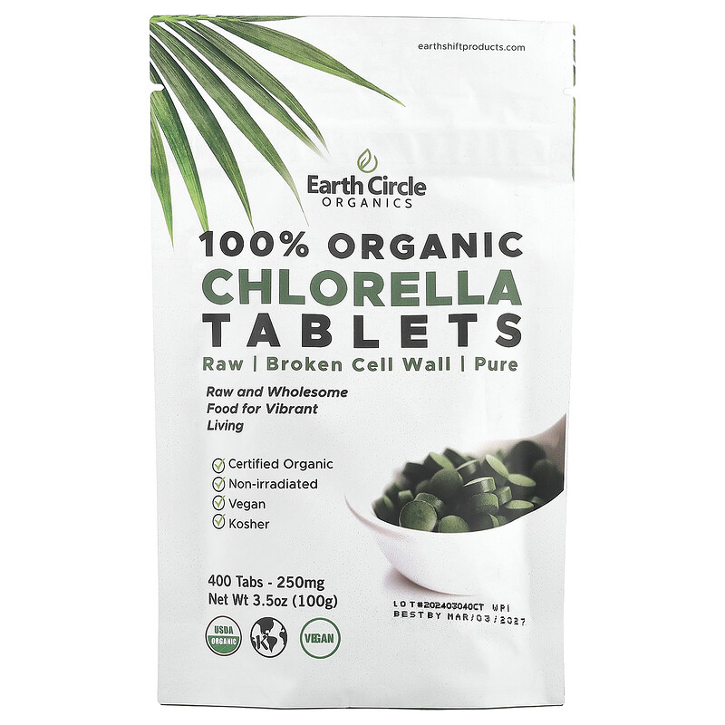 

Earth Circle Organics, Таблетки из 100% органической хлореллы, 250 мг, 400 таблеток (62 мг в таблетке)