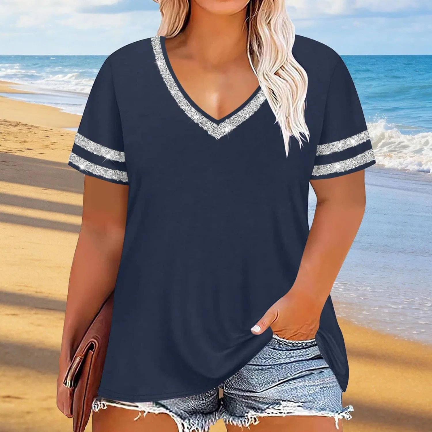 Футболка с V-вырезом и цветовым блоком, Plus Size, Navy — фото 3