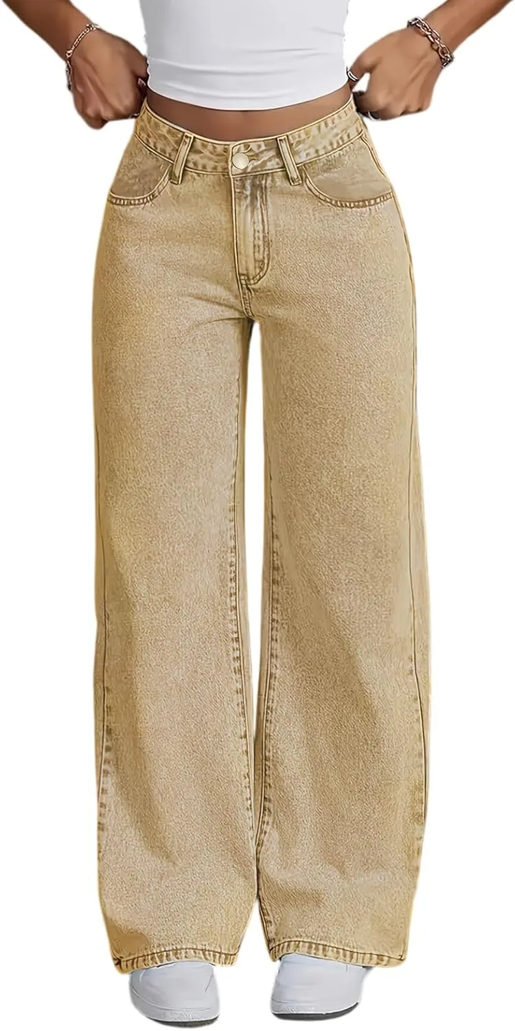 

Брюки-джинсы Baggy для женщин Mid Rise, прямой крой, свободный силуэт, застежка на пуговицах