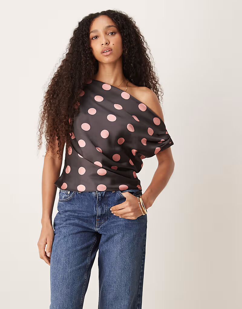 

Атласный драпированный топ на одно плечо ASOS DESIGN в горошек