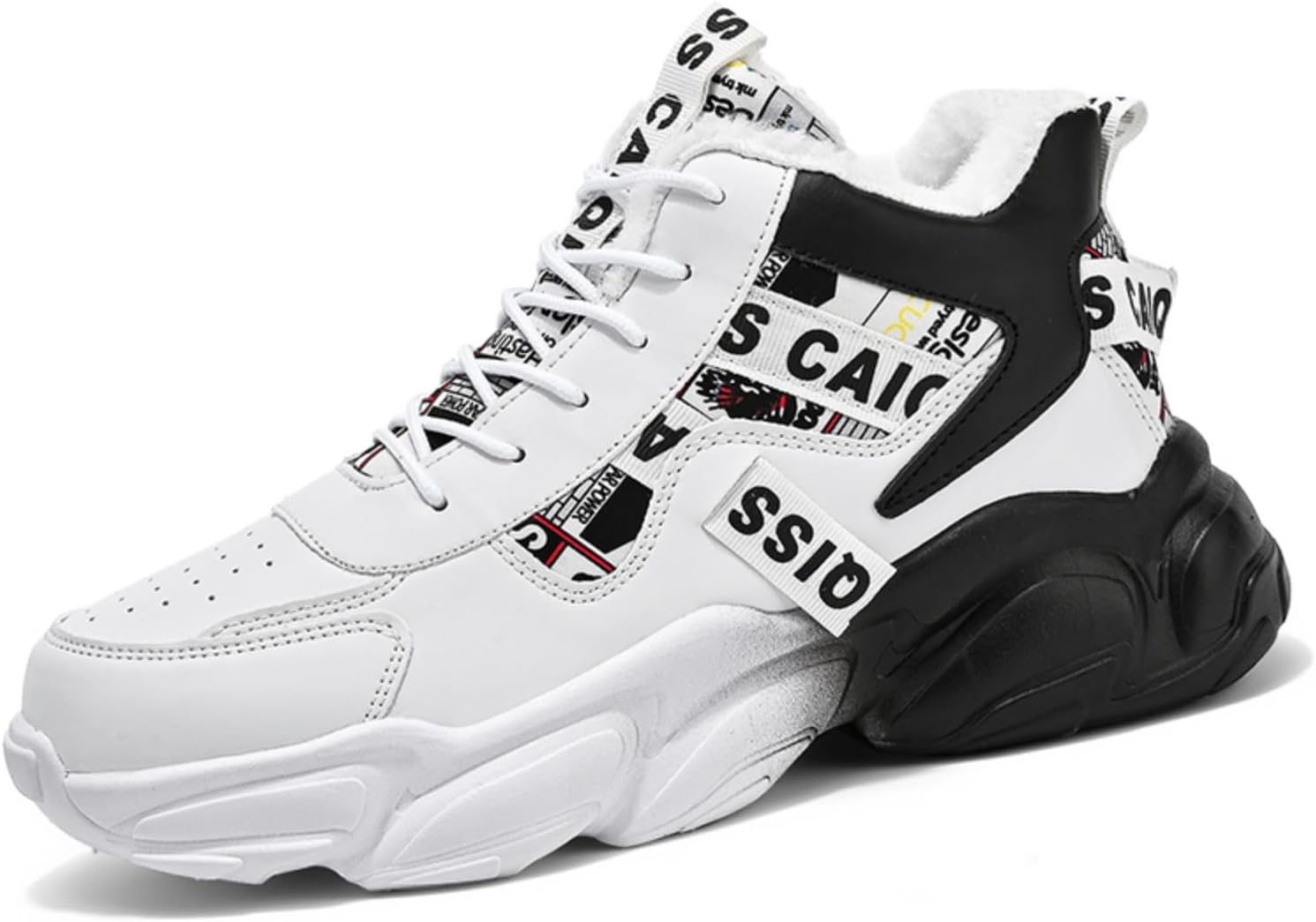 

Мужские высокие кеды с флисовой подкладкой: удобные теннисные туфли, повседневный стиль, подходят для ходьбы, стильная теплая подкладка, толстая амортизирующая подошва Khwfjas, белый/черный