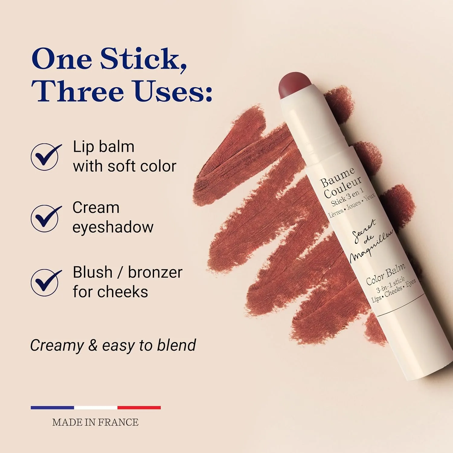 Стик-тинт Embryolisse Color Balm 3-в-1, цвет мокко, многофункциональный для глаз, губ и щек, увлажняющий бальзам с центеллой азиатской и алоэ вера, веганский, без отдушек, 0,08 унции, Versatile stick balm adds a soft wash of mocha tint to lips — фото 3