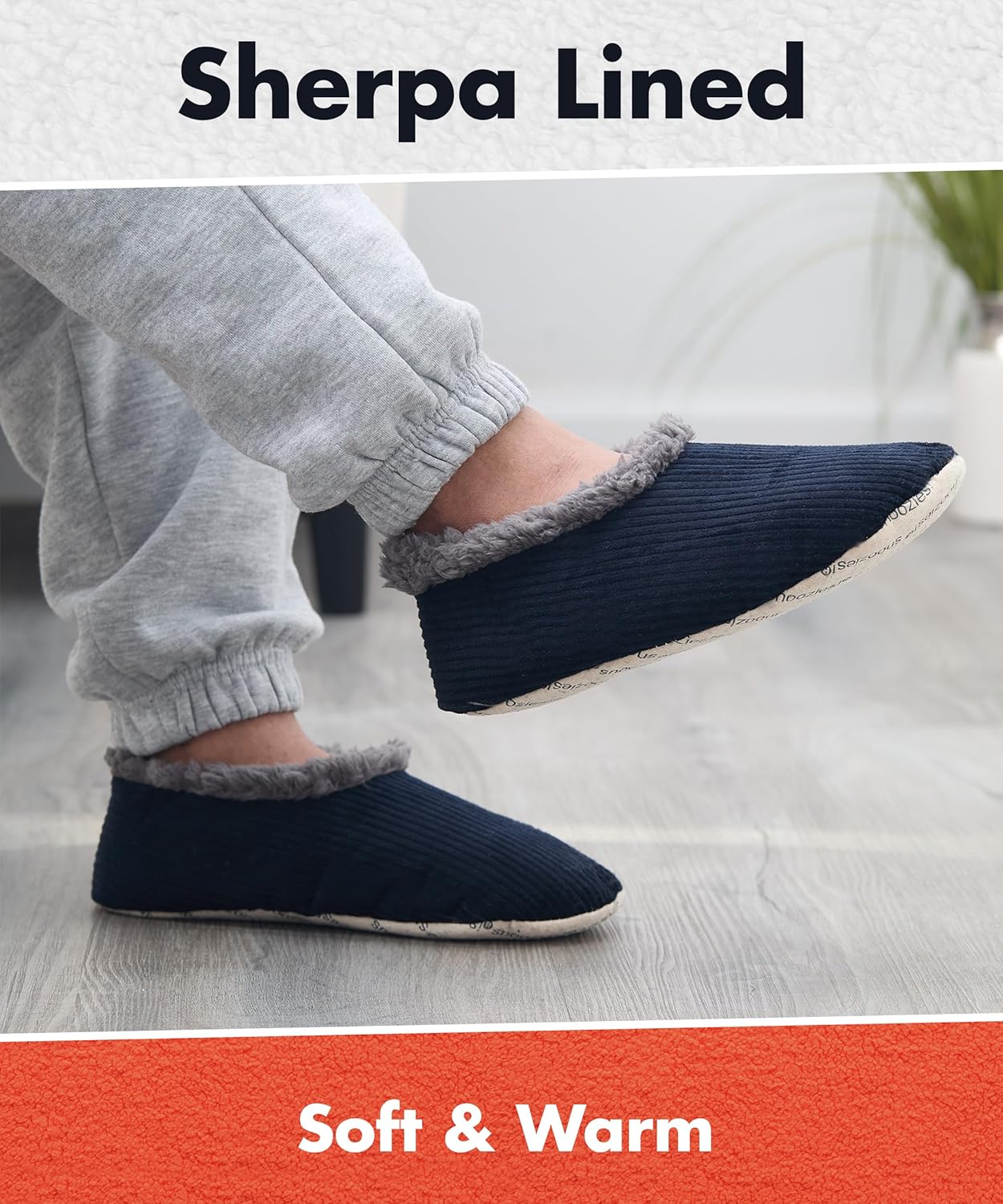 Мужские домашние тапочки Snoozies, клетчатые, вельветовые или камуфляжные, с подкладкой из шерпы, носки-тапочки с нескользящей подошвой, мужская домашняя обувь, подарки для мужчин, темно-синий — фото 3