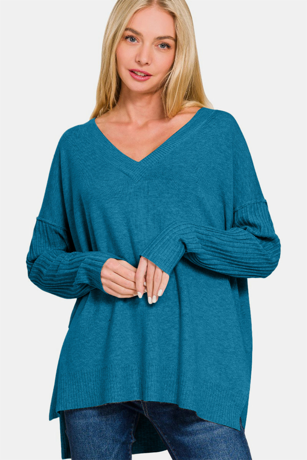 

Свитер с V-образным вырезом и боковыми разрезами FASHNZFAB, цвет h ocean teal