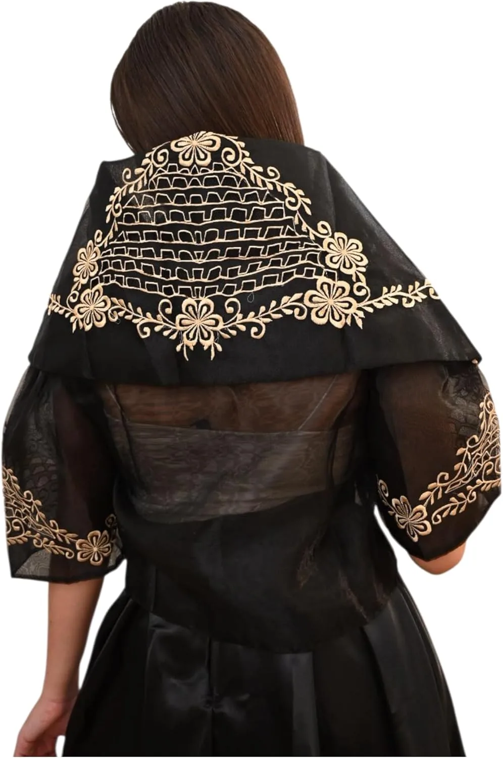 Традиционный топ Maria Clara Filipiniana Alampay с цветочной вышивкой, рукав 3/4 Generic, черный — фото 4