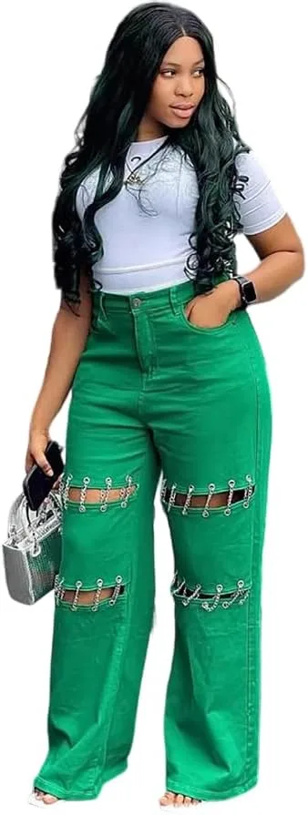 Джинсы High-Waist Wide-Leg зеленые Y2K с цепью