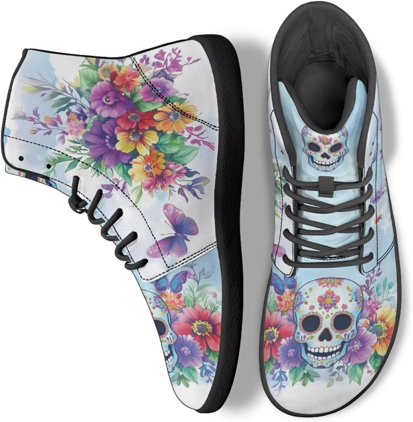 

Кеды с высоким берцем в виде черепа для мужчин и женщин, повседневная обувь для ходьбы, работы и бега Ecaestolph, Sugar Skull Color Butterfly Flower