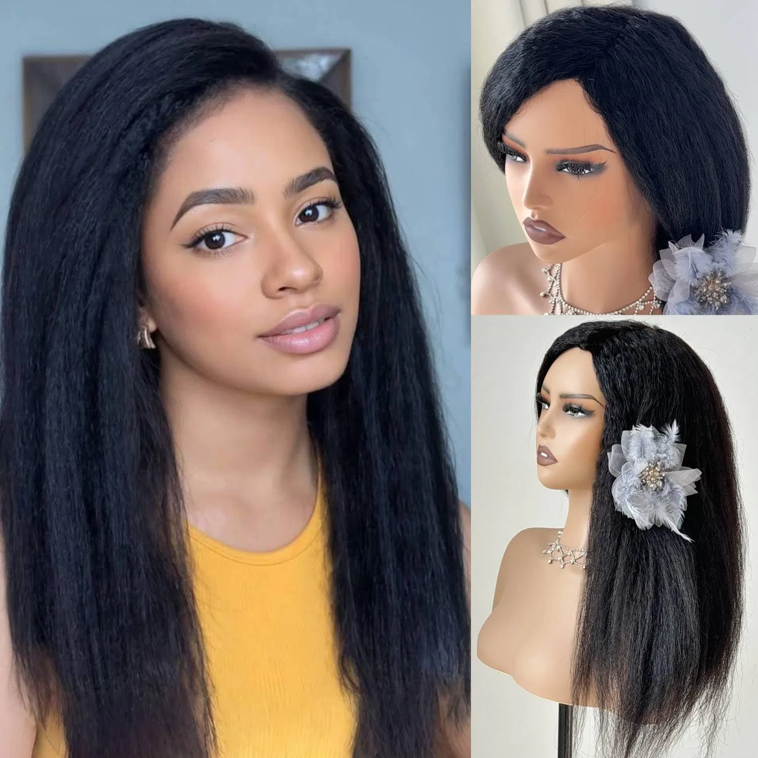 Женский парик Yaki Straight из натуральных волос 16 дюймов от Generisch Aiqi Hair, Natural Black