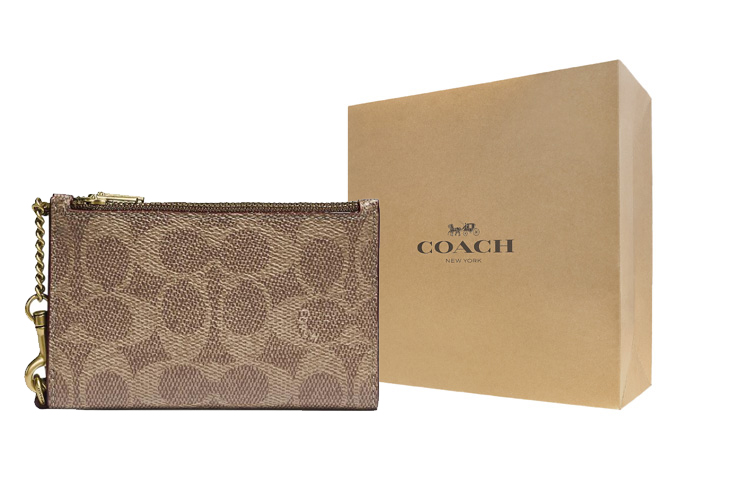 

COACH Кошелек-кардхолдер из лакированного полотна с кожаным кошельком для монет миниатюрный женский бежевый