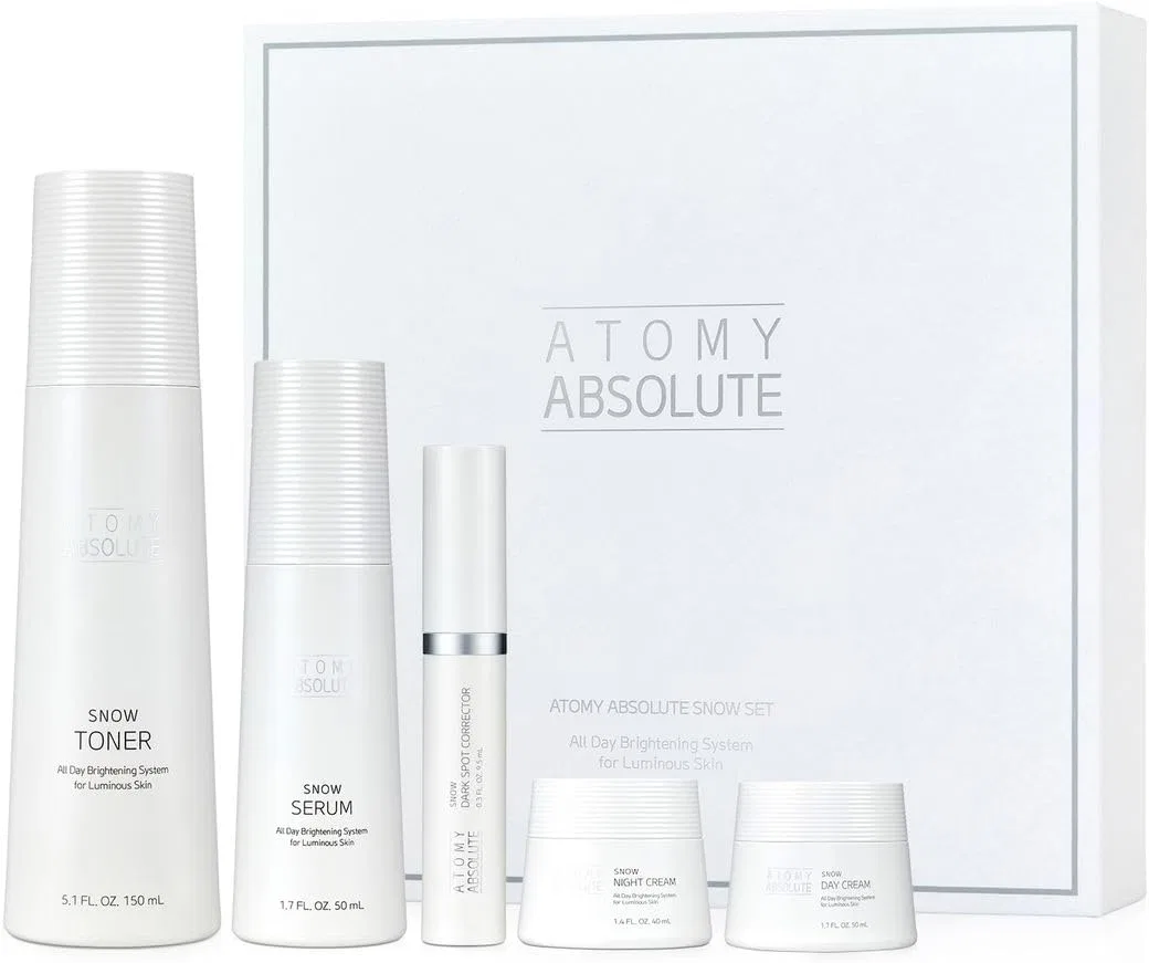 Набор для ухода за кожей лица Atomy Absolute Snow 5 предметов: тонер 150 мл, корректор пигментных пятен 9,5 мл, сыворотка 50 мл, дневной крем 50 мл, ночной крем 40 мл