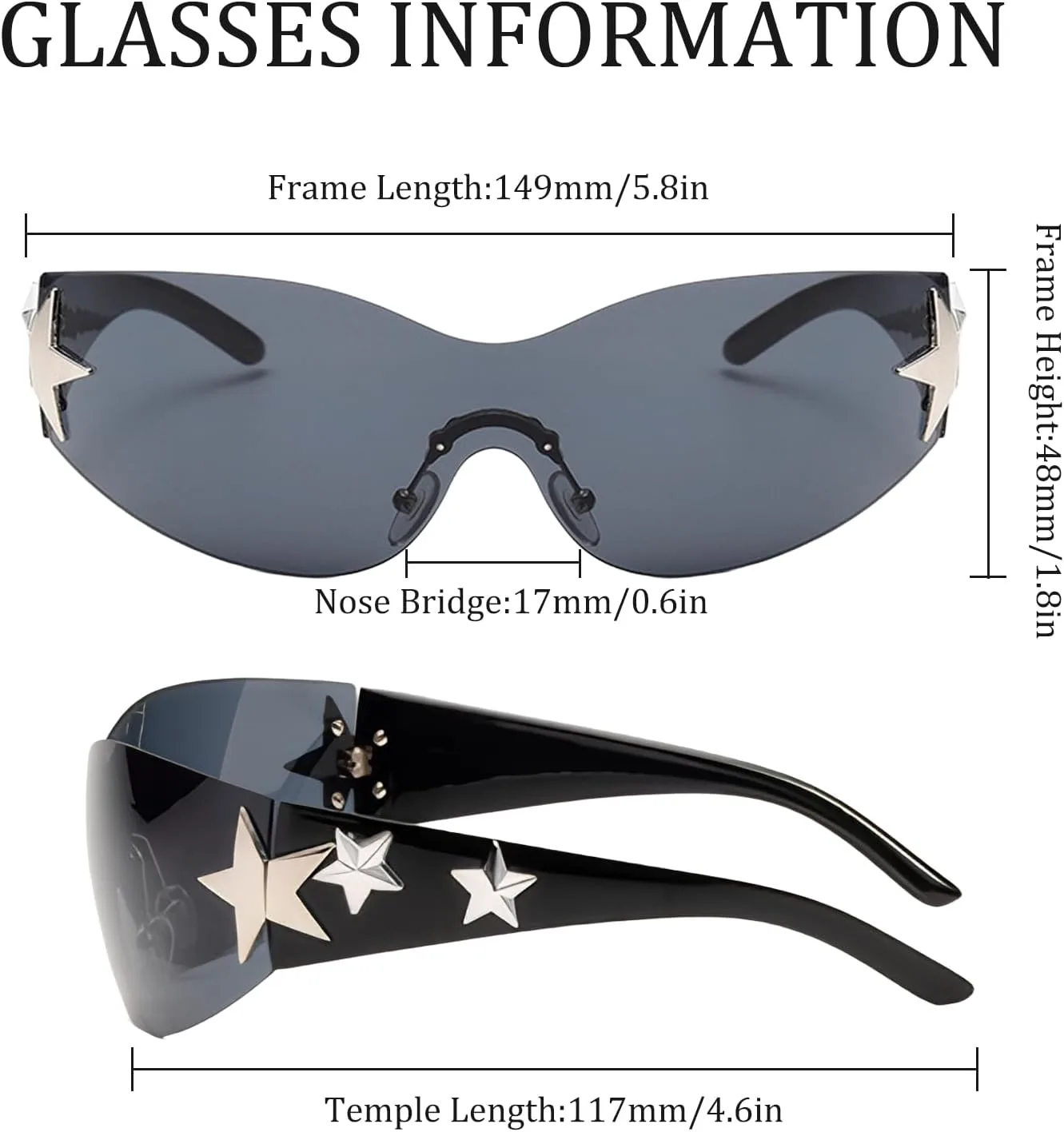 

Солнцезащитные очки Y2K для женщин и мужчин, модные солнцезащитные очки-щитки, солнцезащитные очки без оправы со звездами, очки большого размера Ehoomely, Black