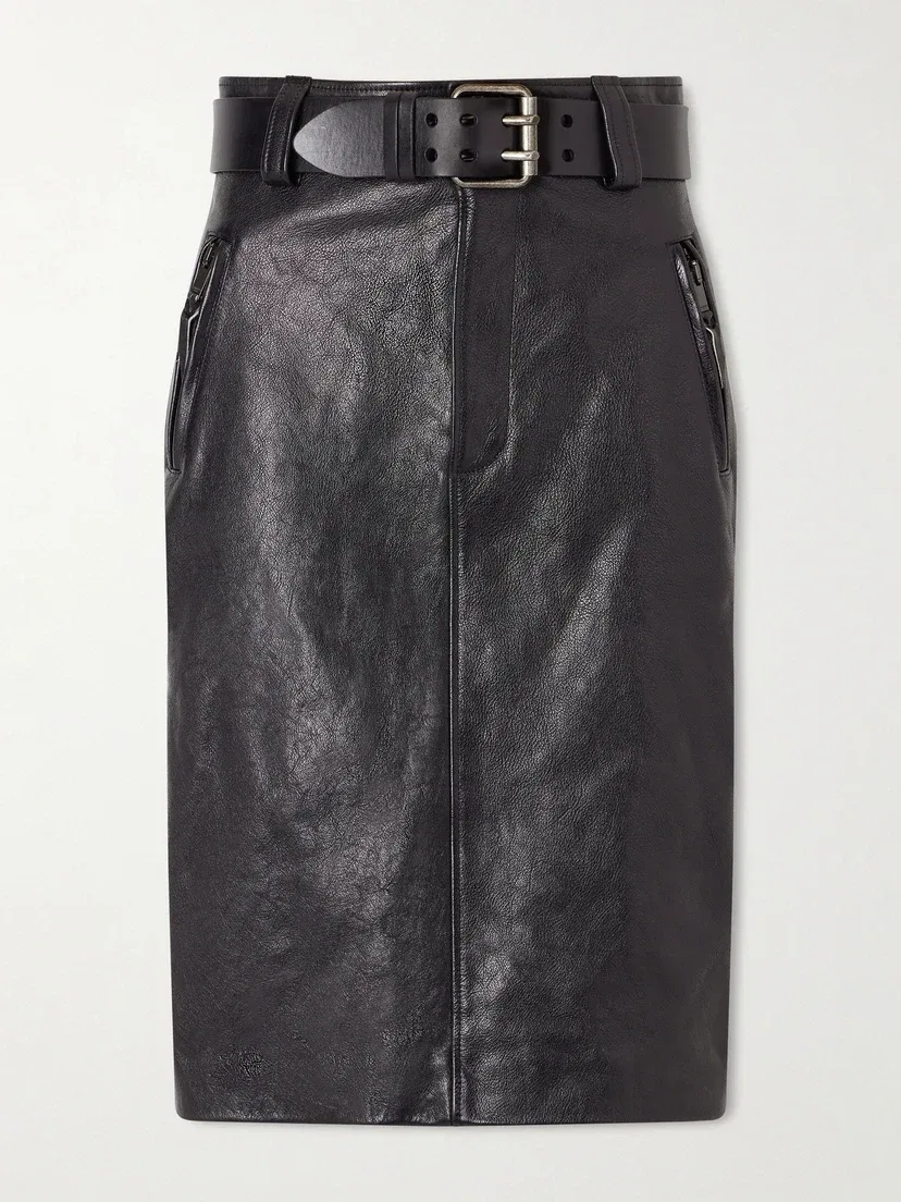 Юбка из фактурной кожи с поясом SAINT LAURENT, черный