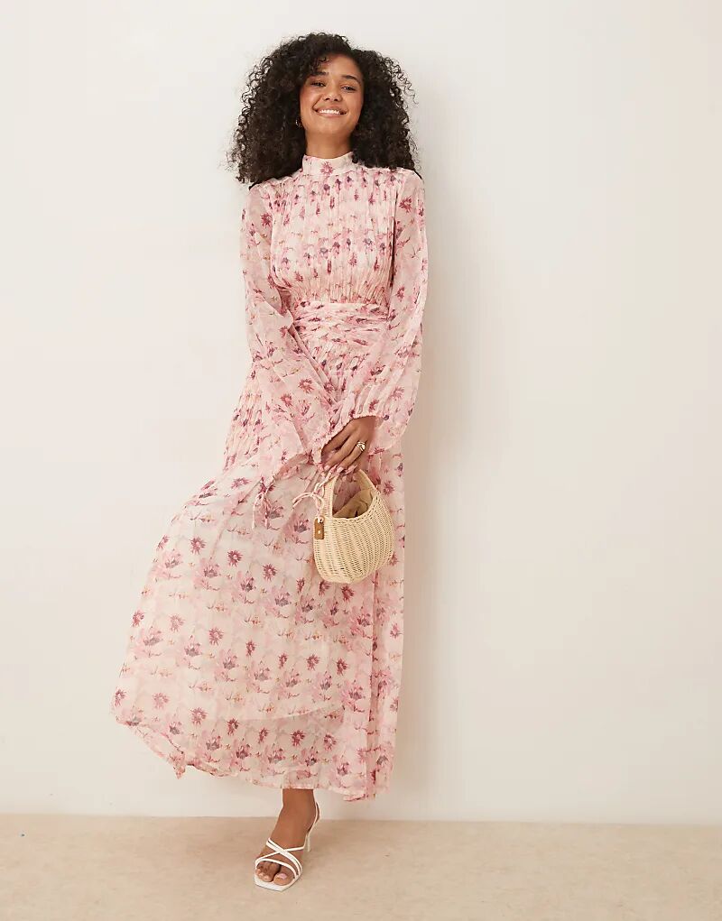 

Платье макси ASOS DESIGN с высоким воротом, сборками, шевронными деталями и красивым цветочным принтом