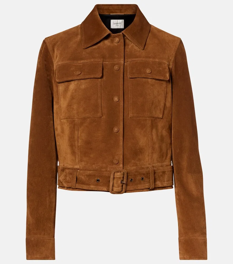 Укороченная замшевая куртка с поясом Saint Laurent, коричневый