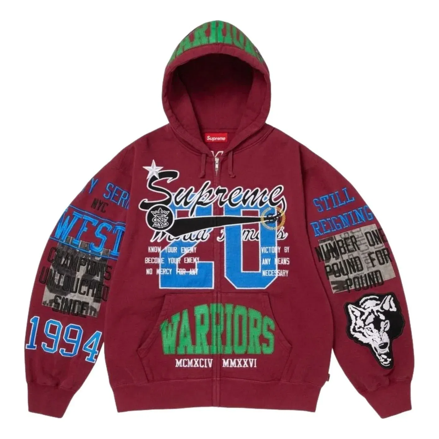 Толстовка Supreme SS26 Warriors с аппликацией и капюшоном на молнии, красный
