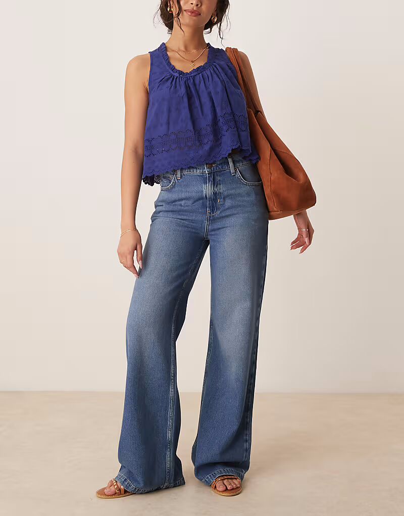 

Джинсы Free People Stride прямого кроя, широкие, средне-синего цвета