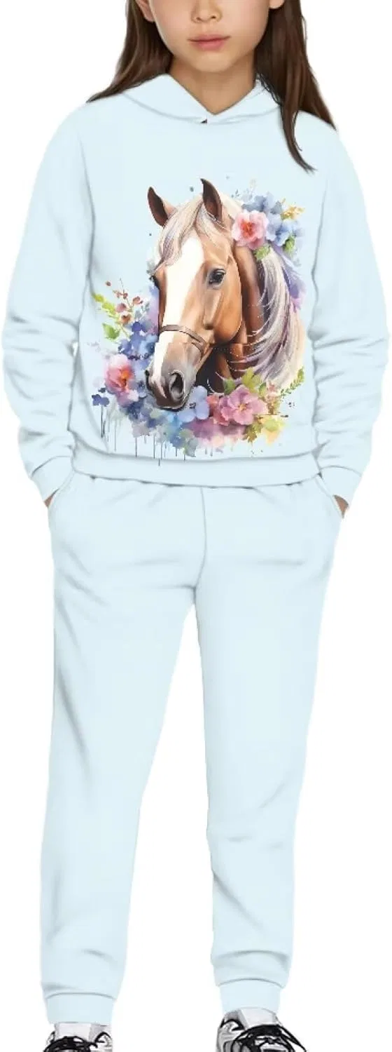 Детский спортивный костюм с принтом Horse Floral, YECARYPOD, 2 предмета, синий