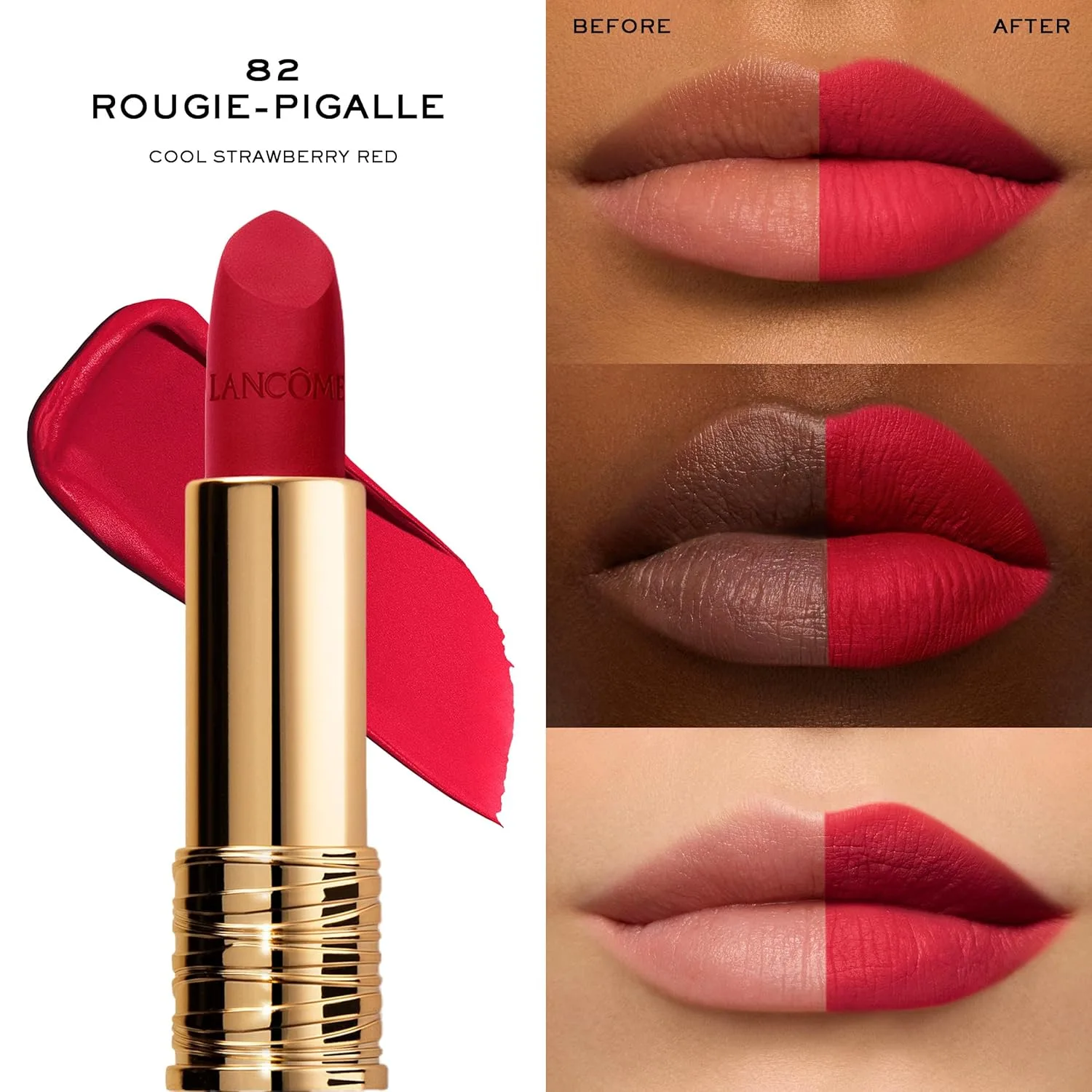 Матовая помада Lancôme L'Absolu Rouge Drama, ультраматовое покрытие, 8-часовое покрытие, керамиды, гиалуроновая кислота, экстракт розы для увлажнения и комфорта, стойкая к размазыванию., 82 Rouge-Pigalle — фото 3
