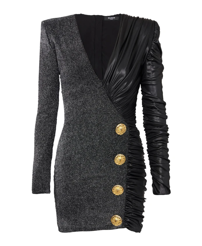 

Драпированное платье с запахом из двух материалов. Balmain, черный