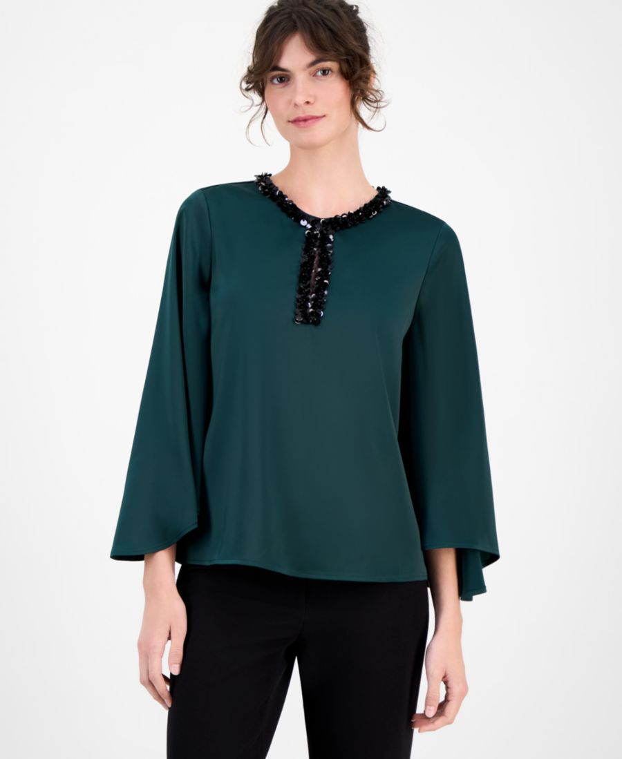 

Женская блузка с рукавами-воланами и воротником, украшенным пайетками Anne Klein, Pine Forest