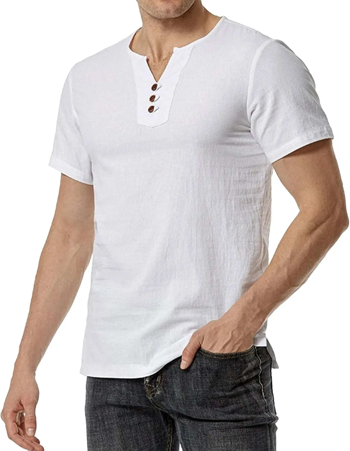 

Мужская тонкая льняная футболка-хенли с V-образным вырезом PHJTOMK