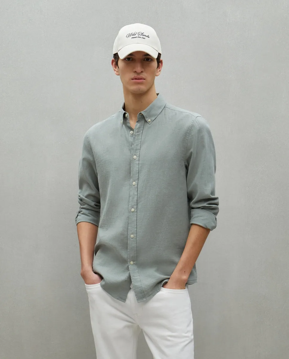 

Мужская рубашка с длинным рукавом из льна и хлопка, однотонная Easy Wear, хаки