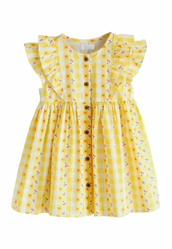 Платье Regular fit double ruffle sleeve dress, Next, пастельно-желтая клетка