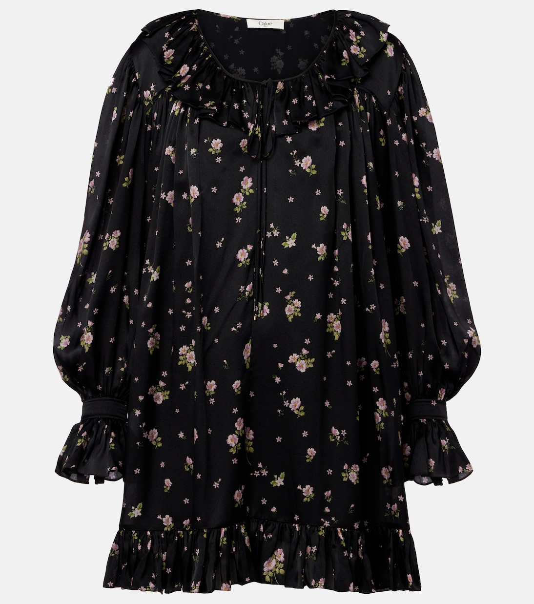

Мини-платье из шелкового шармеза со сборками Chloé, черный