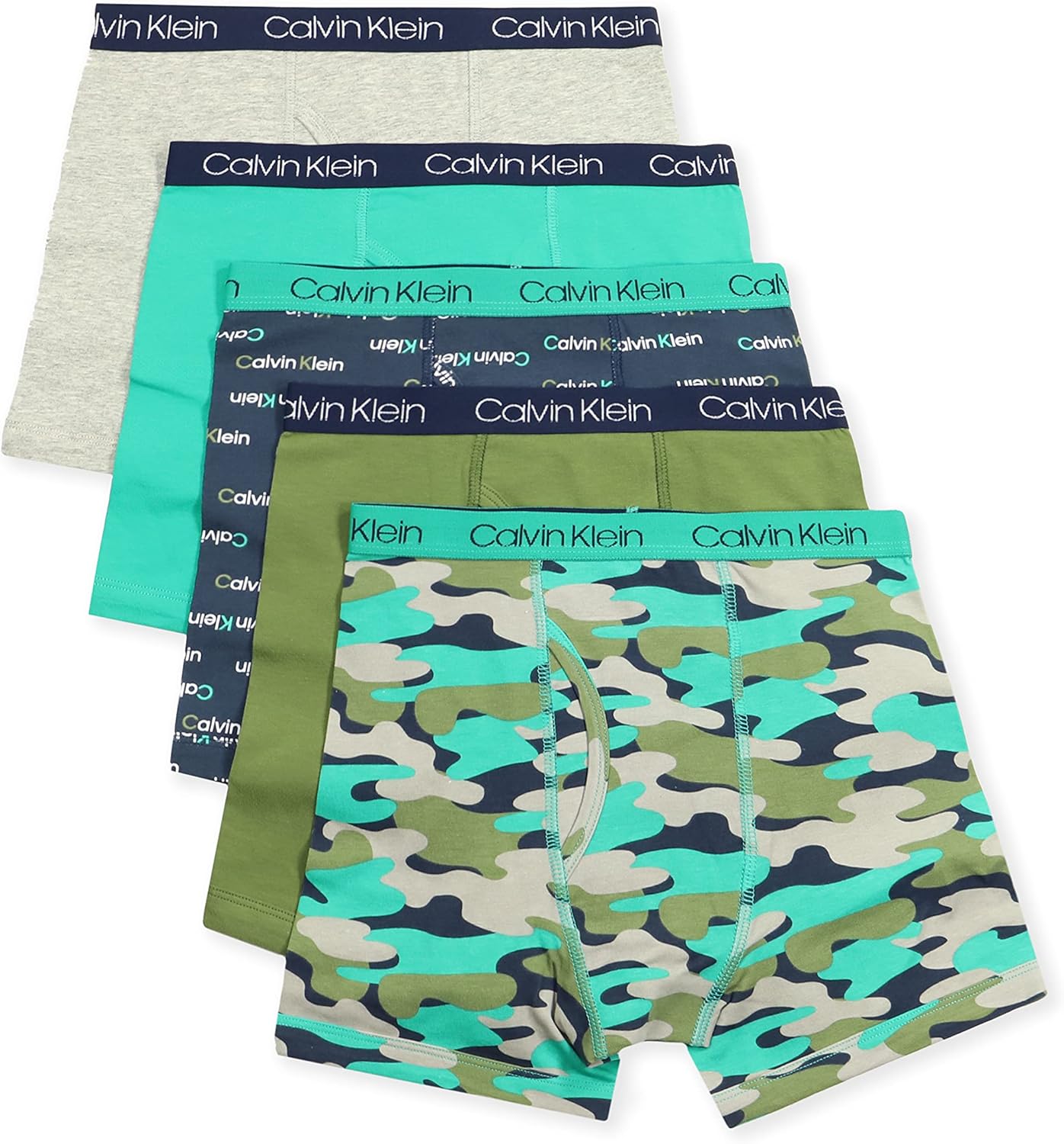 

Современные хлопковые трусы-боксеры Calvin Klein для мальчиков (5 шт.), Heather Grey/Camo/Navy/Green/Olive