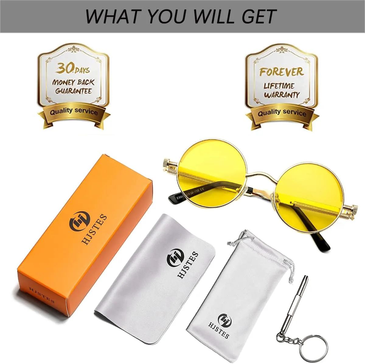 

HJSTES Винтажные круглые солнцезащитные очки в стиле стимпанк для женщин и мужчин, круглые готические очки в ретро-металлической оправе, A14 Yellow Lens/Gold Frame