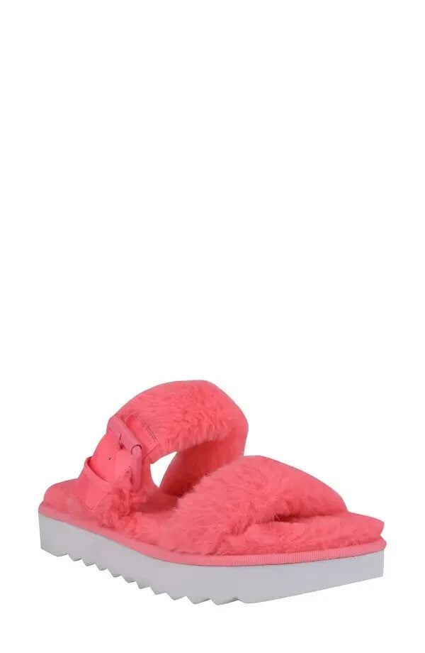 Nine West Funkie Sandals Women's Pink Faux Fur Cozy Slip On Slides JOBB151