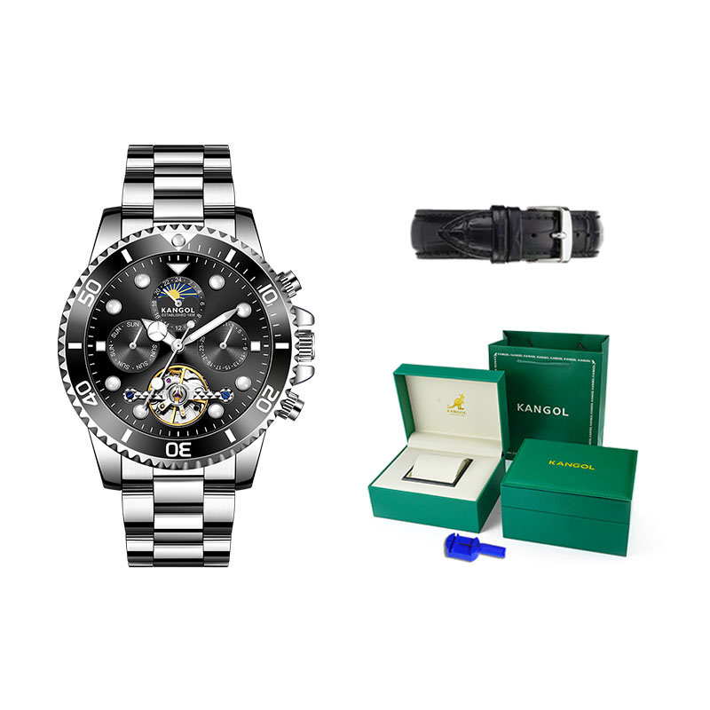 

KANGOL Часы Automatic Mechanical Movement Stainless Steel Watchband Watch Men's Watch Black Dial, Silver Case Black Dial[Premium Gift Leather Box]