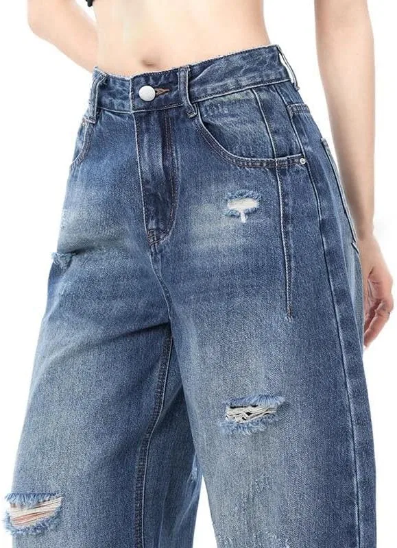 Джинсы Womens Distressed Ripped Boyfriend Jeans Hollow Out Wide Leg Denim Pants Casual Loose Trousers, 7 — фото 4