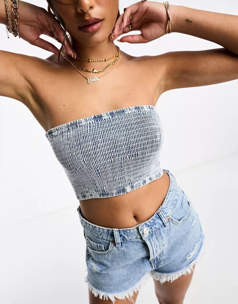 

Голубой джинсовый топ без бретелек со сборками Pull&Bear